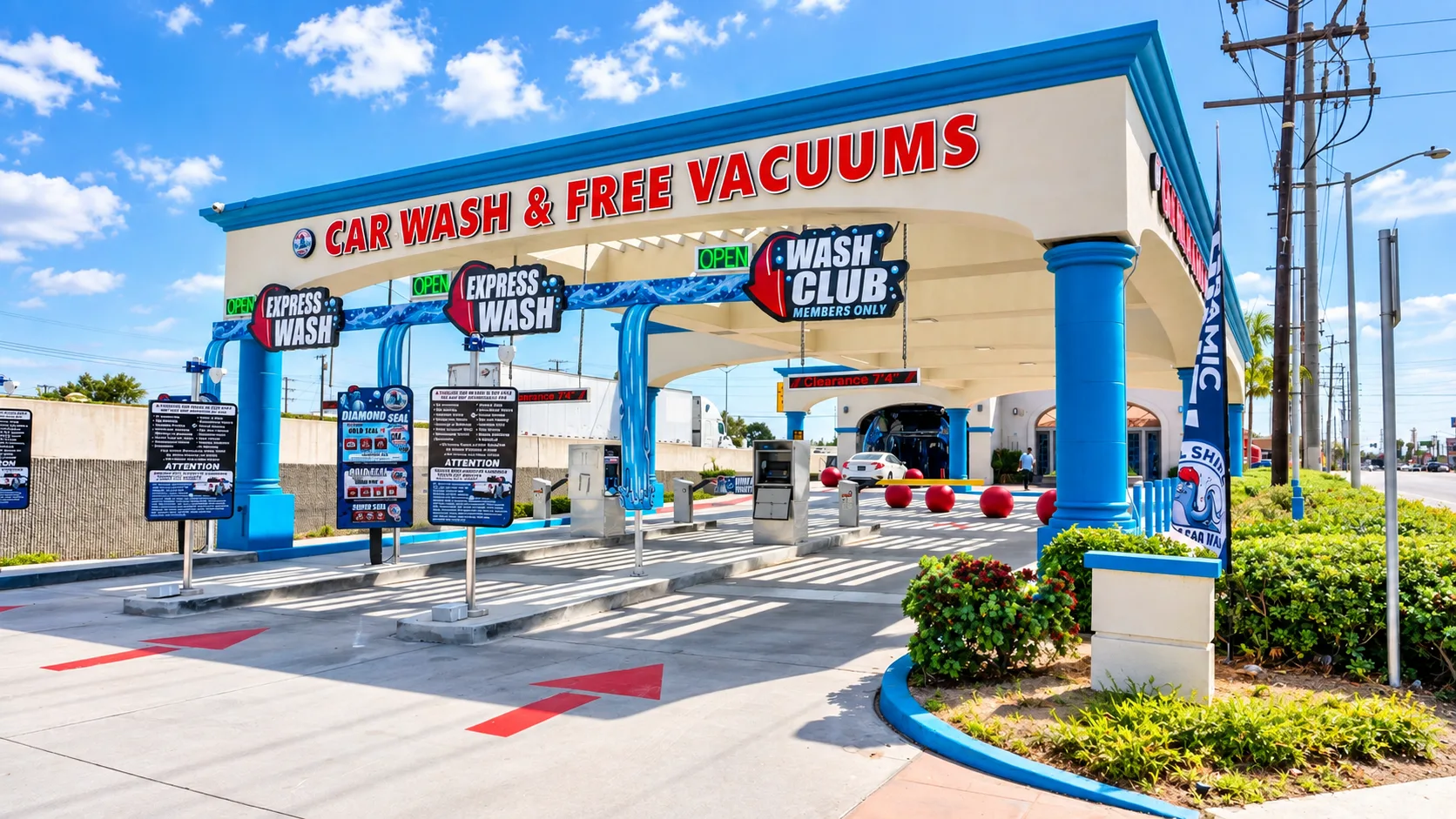 Seal Shine Express Car Wash entrance in Garden Grove with express wash lanes and free vacuums